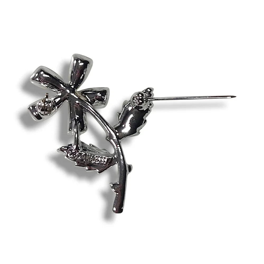 Sarah Coventry Flower Brooch Silver Tone Aurora Rhinestone Floral Vintage Pin OS